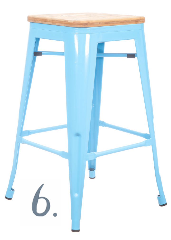 Replica Tolix Wooden Seat Bar Stool – 66cm in Blue, RRP $57.95, www.zanui.com.au